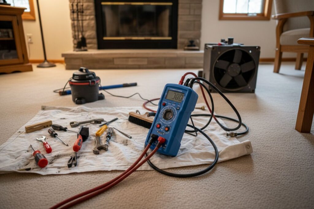 Expert fireplace technician servicing gas fireplace in Hoffman Estates