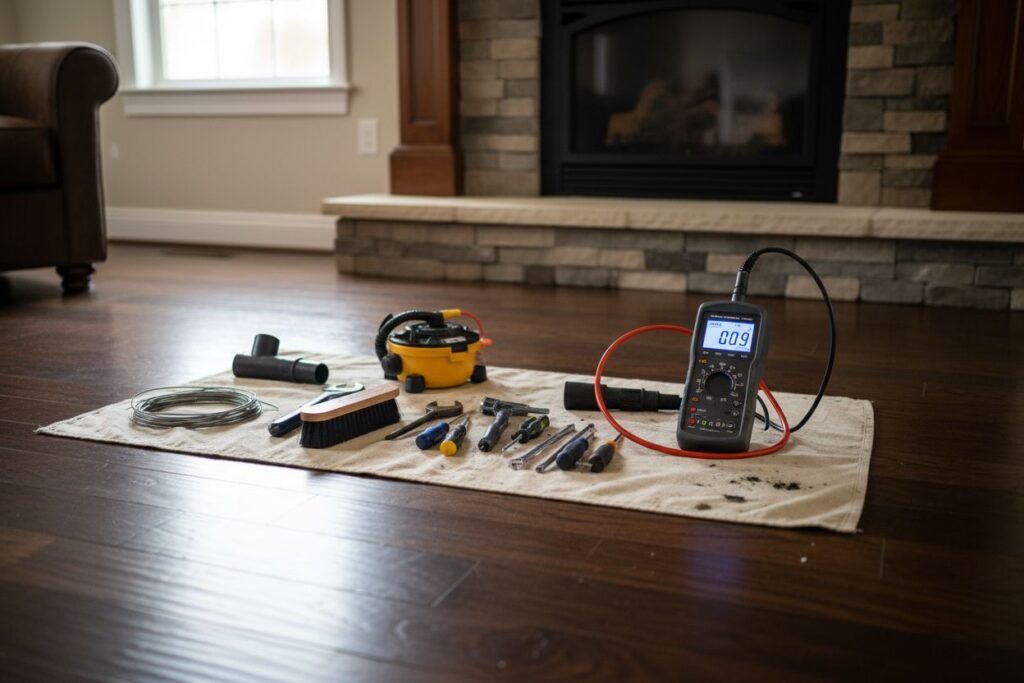 Expert fireplace technician servicing gas fireplace in Hopkinton