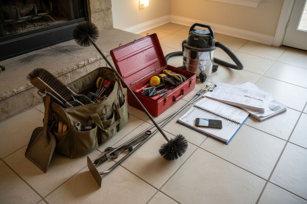 Expert fireplace technician servicing gas fireplace in Independence