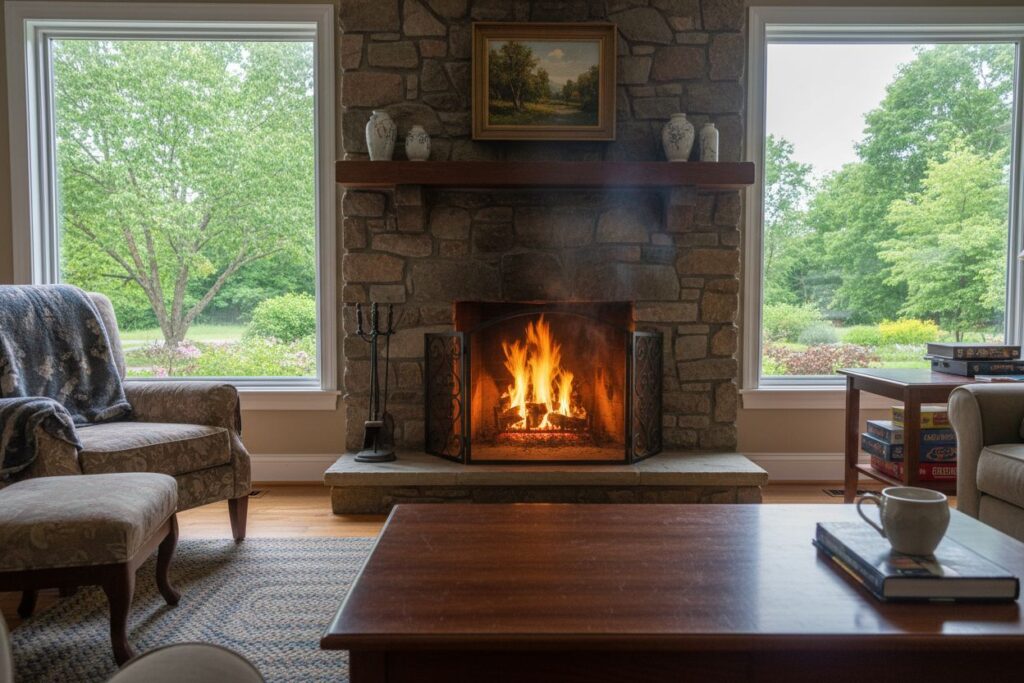 Comfortable fireplace view in Independence living room