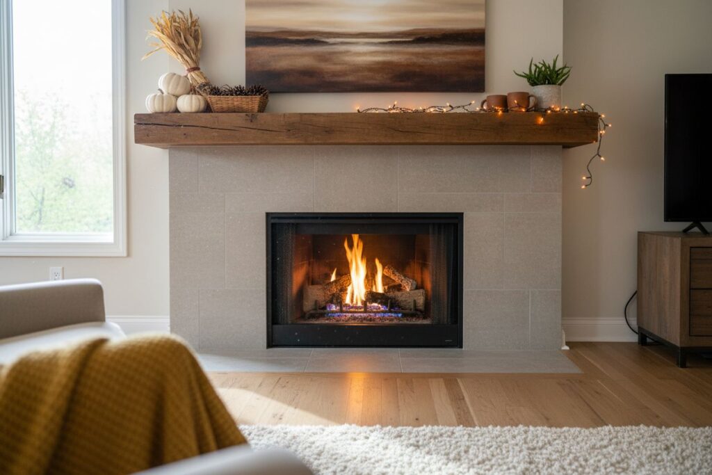 Gas fireplace with decor in Lakeville residence
