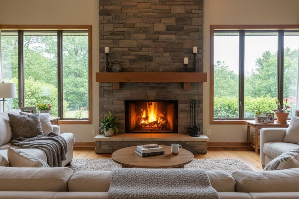 Comfortable fireplace view in Lawrenceville living room