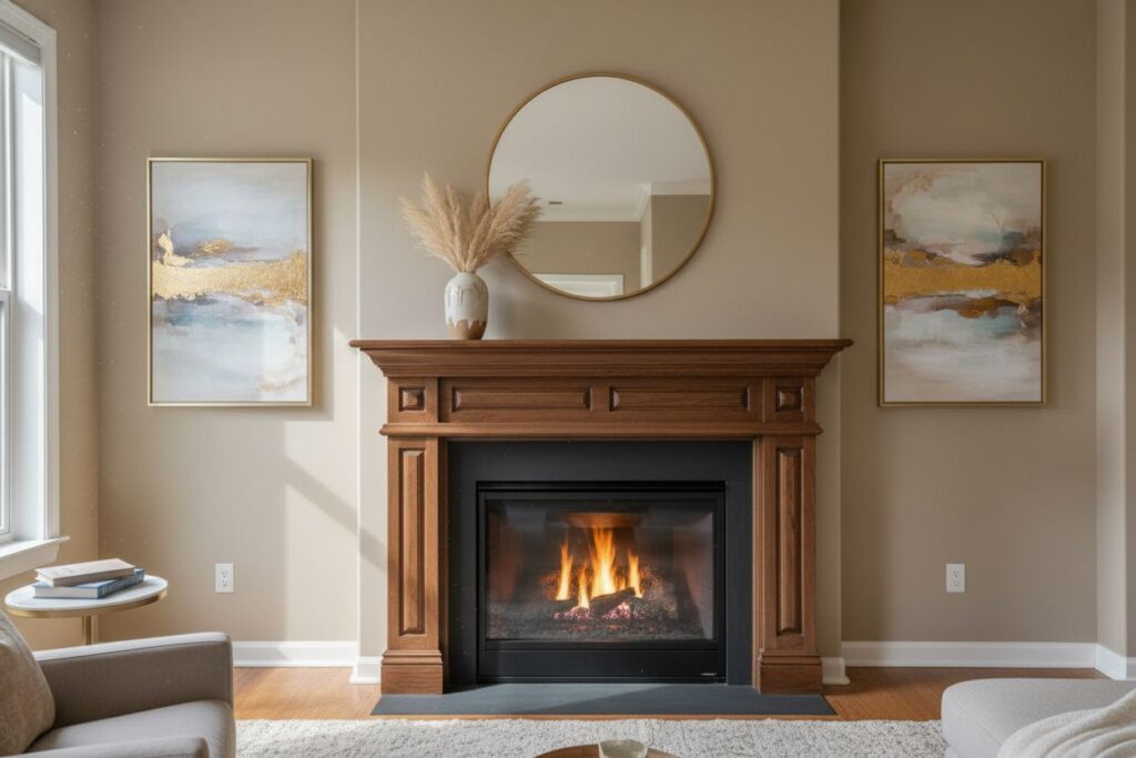 Gas fireplace with decor in Lawrenceville residence