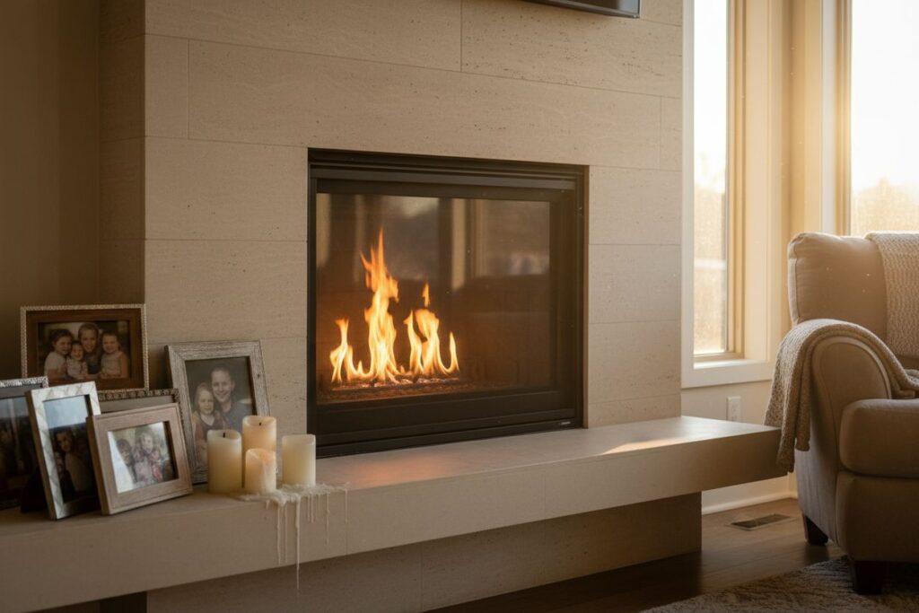 Gas fireplace with decor in Lee residence