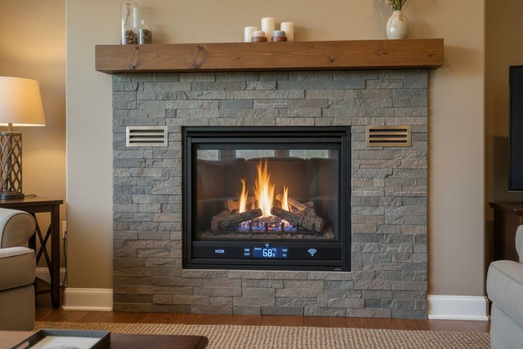 Clean and maintained gas fireplace in Longview home