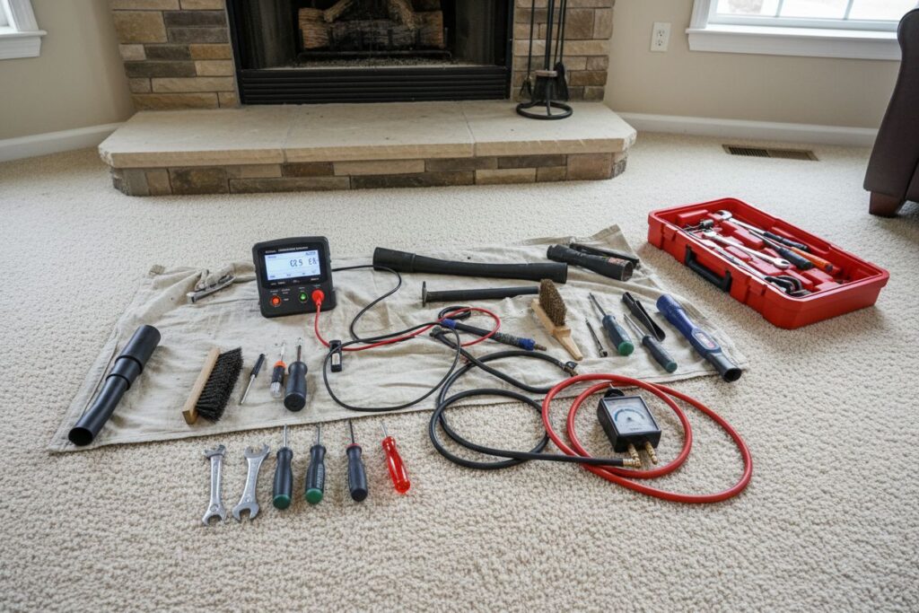 Expert fireplace technician servicing gas fireplace in Los Angeles