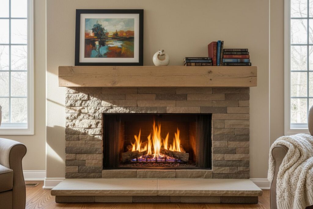 Gas fireplace with decor in Louisville residence