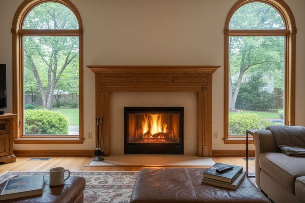 Comfortable fireplace view in Maplewood living room