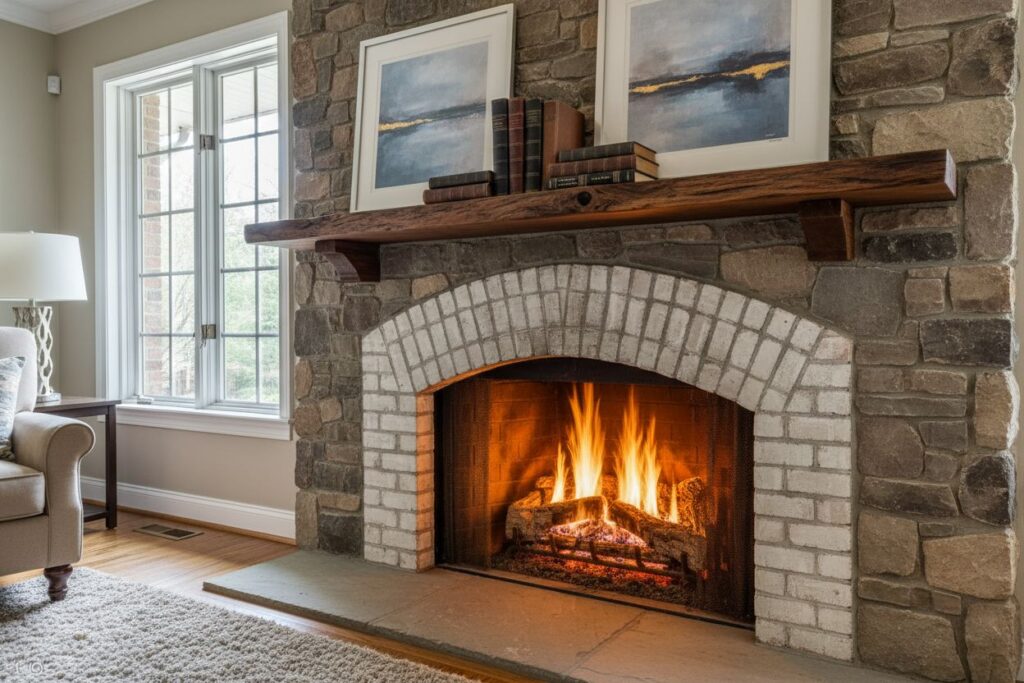 Gas fireplace with decor in Medford residence