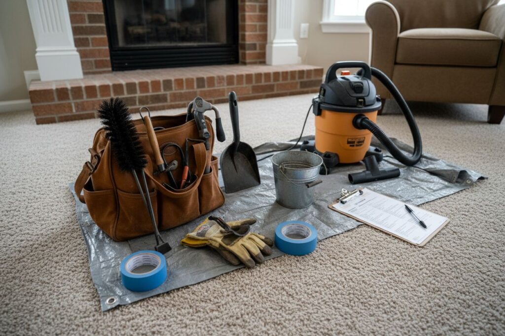 Expert fireplace technician servicing gas fireplace in Medford