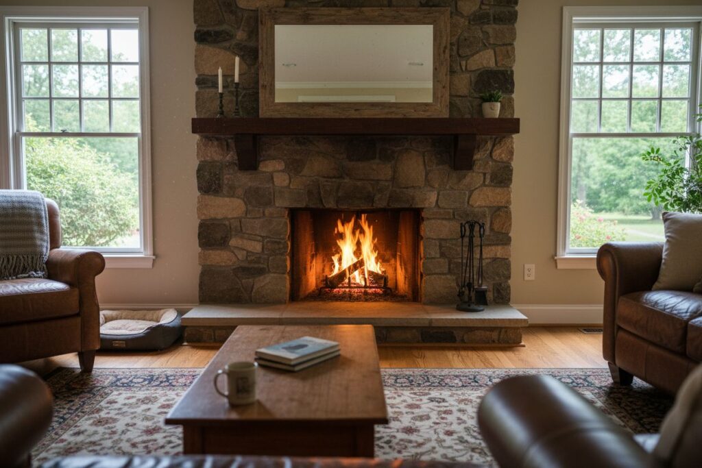 Comfortable fireplace view in Medford living room