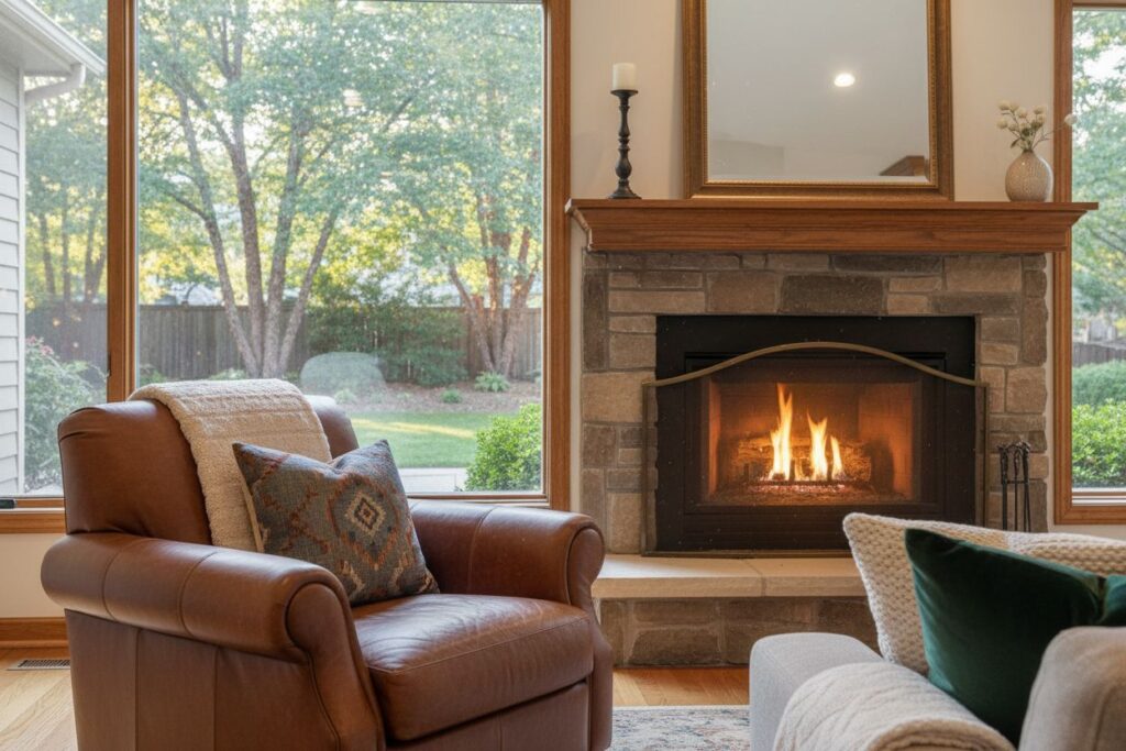 Cozy gas fireplace in Medford home