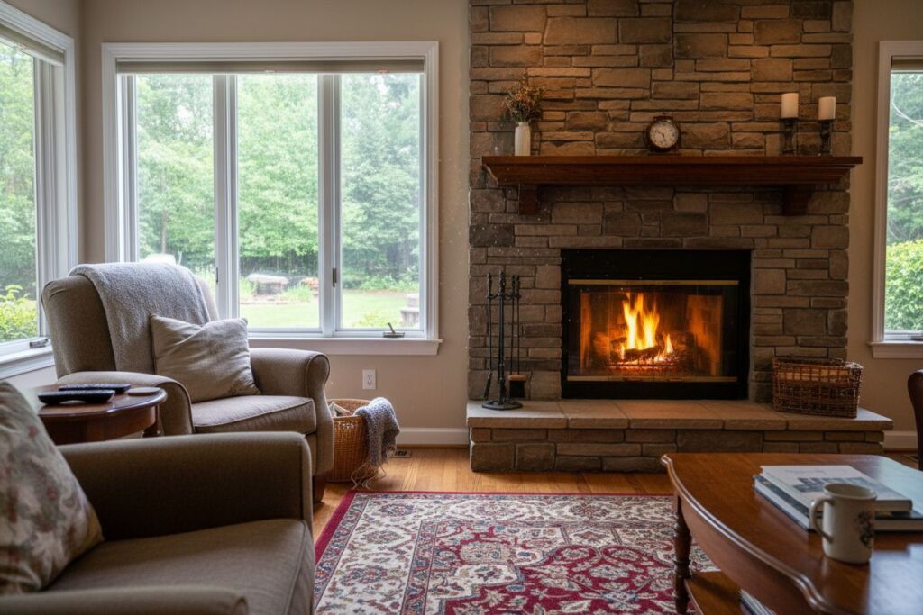 Comfortable fireplace view in Milton living room