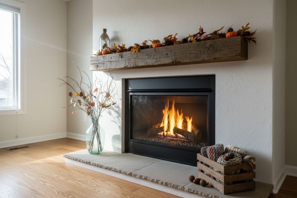 Gas fireplace with decor in Milton residence