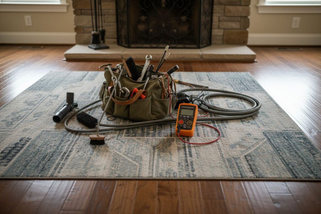 Expert fireplace technician servicing gas fireplace in Milton