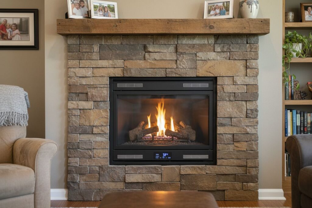 Clean and maintained gas fireplace in Monroe home