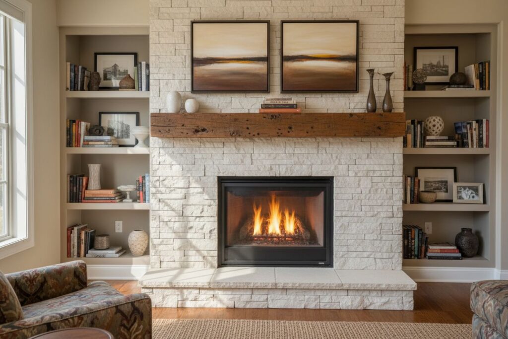 Gas fireplace with decor in Naperville residence