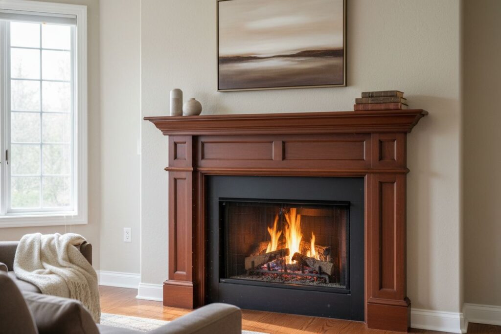 Gas fireplace with decor in Nashua residence