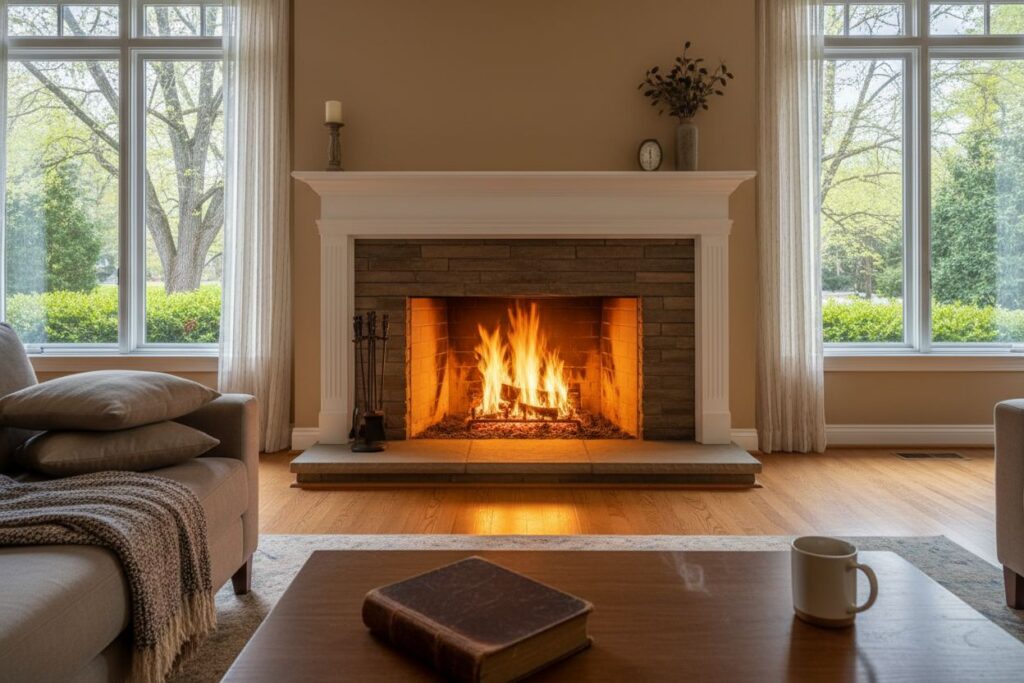 Comfortable fireplace view in Nashua living room