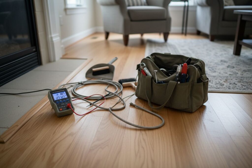Expert fireplace technician servicing gas fireplace in Natick