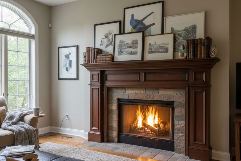 Gas fireplace with decor in Newark residence