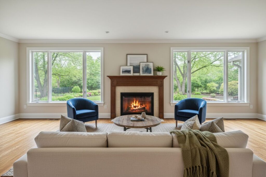 Cozy gas fireplace in Newport home