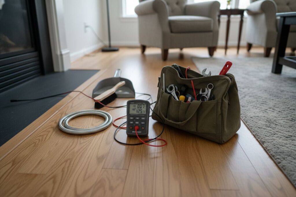 Expert fireplace technician servicing gas fireplace in Newport