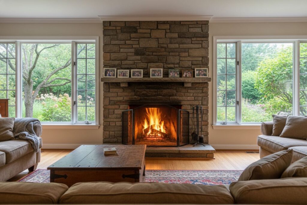 Comfortable fireplace view in Newport living room