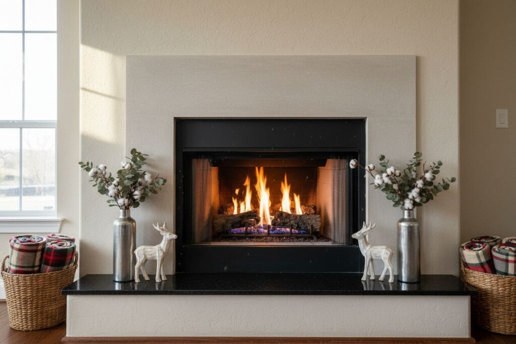 Gas fireplace with decor in Newton residence