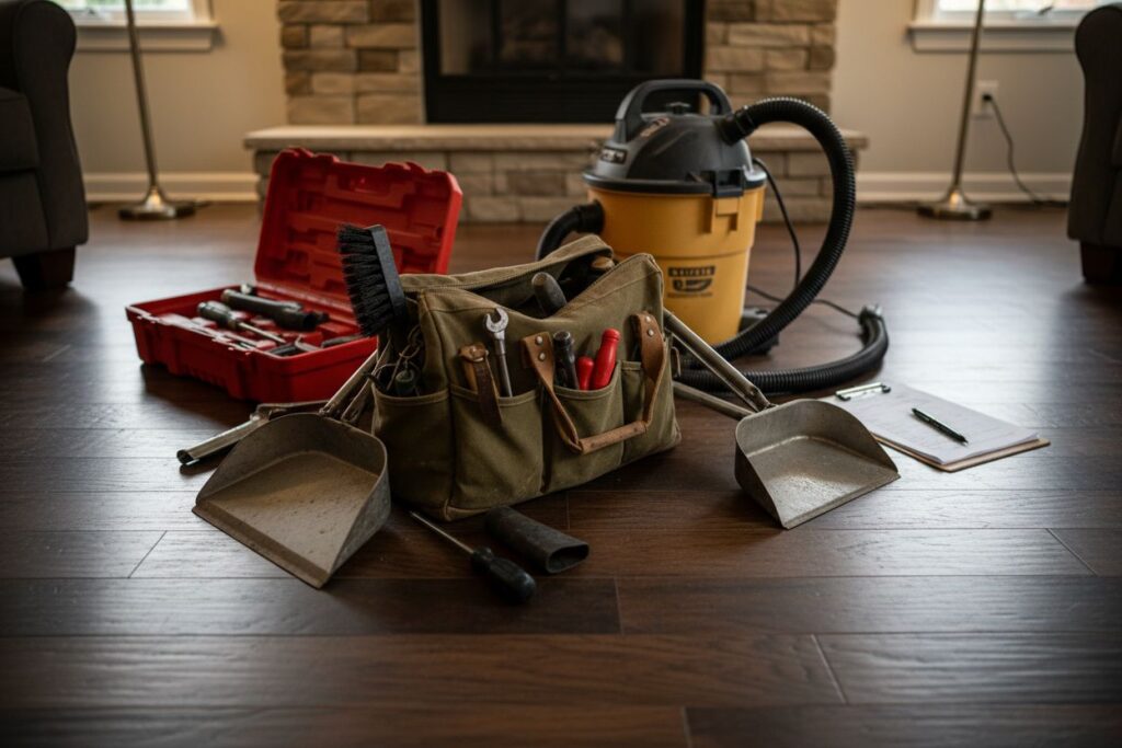 Expert fireplace technician servicing gas fireplace in Newton