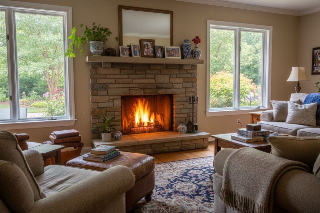 Comfortable fireplace view in Norcross living room