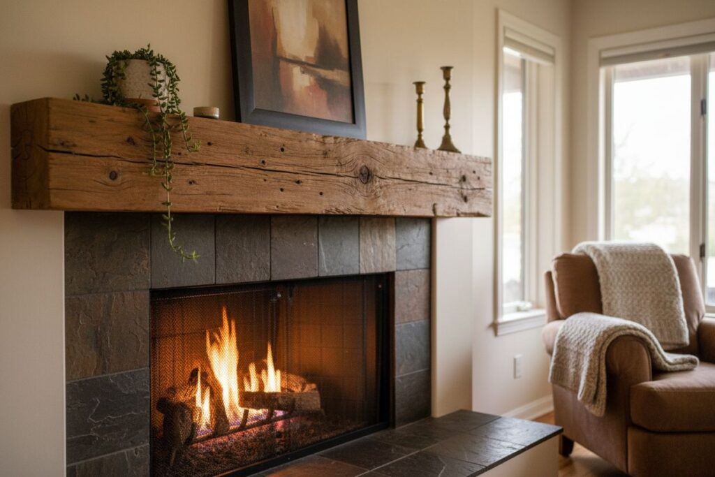 Gas fireplace with decor in Norcross residence