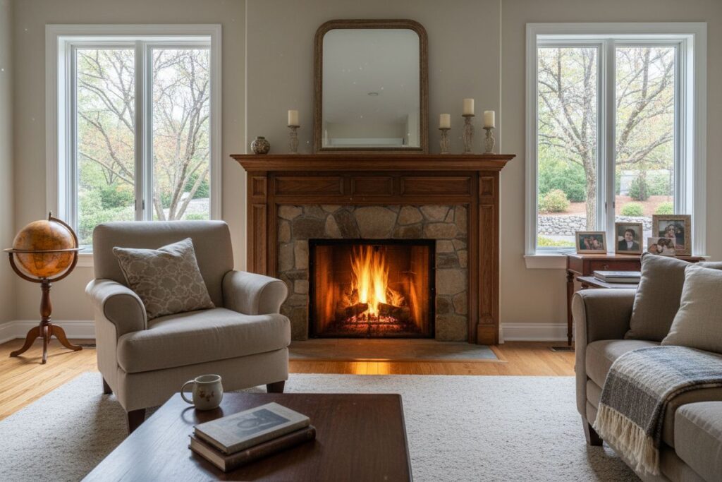 Comfortable fireplace view in North Atlanta living room