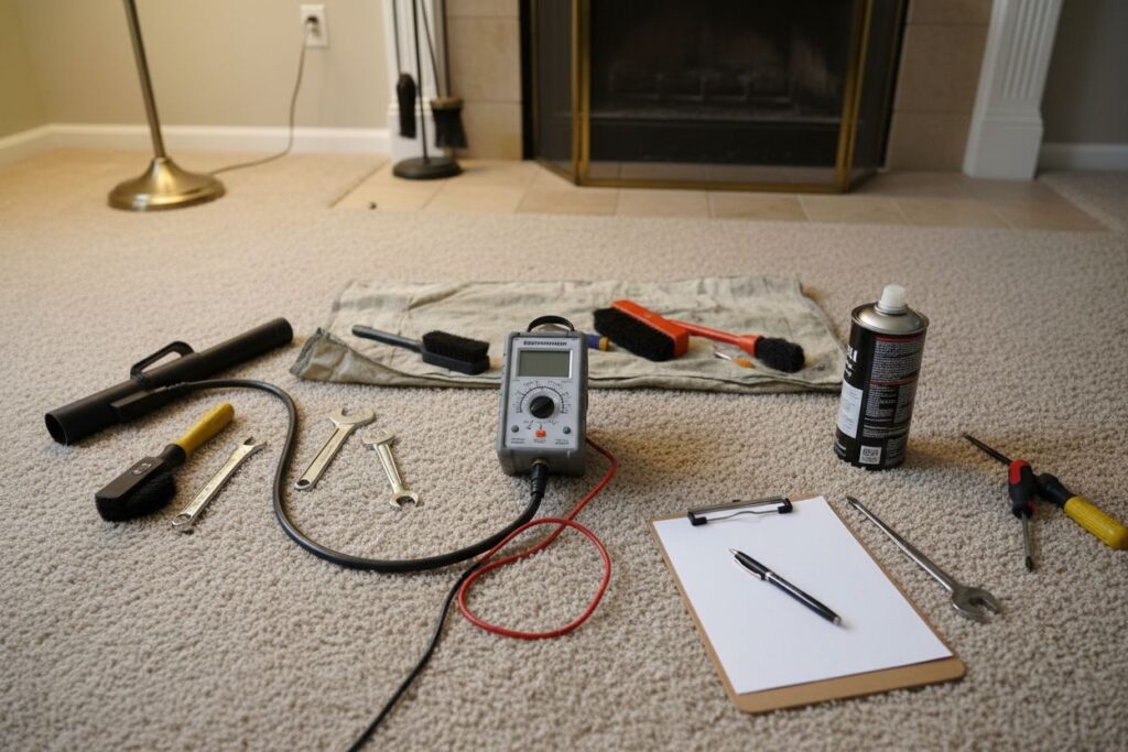 Expert fireplace technician servicing gas fireplace in North Atlanta