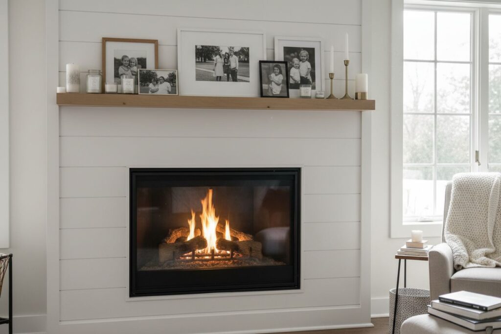 Gas fireplace with decor in North Minneapolis residence
