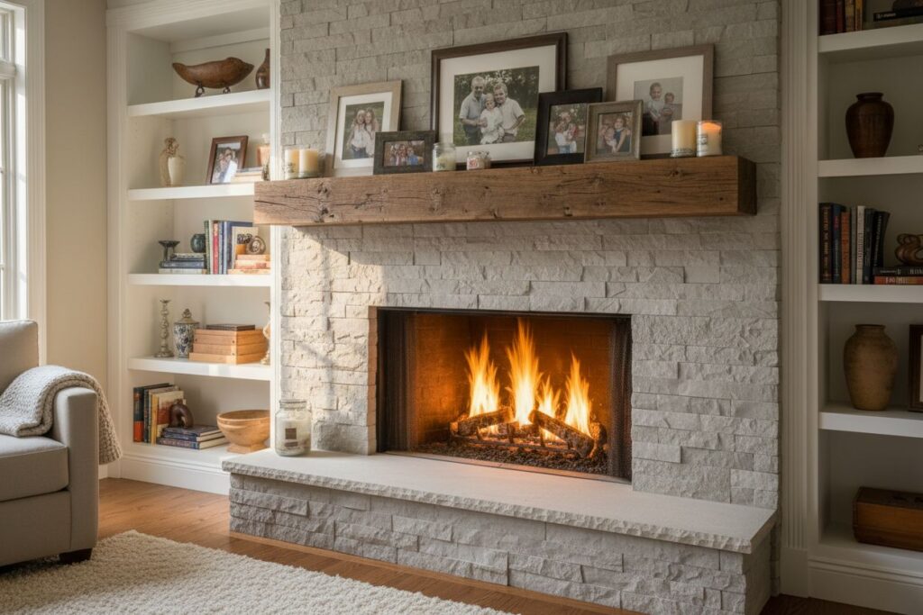 Gas fireplace with decor in Northborough residence