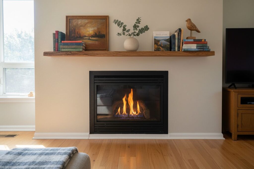 Gas fireplace with decor in Northbrook residence