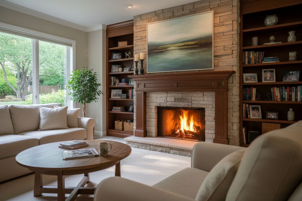 Comfortable fireplace view in Northeast Milwaukee living room