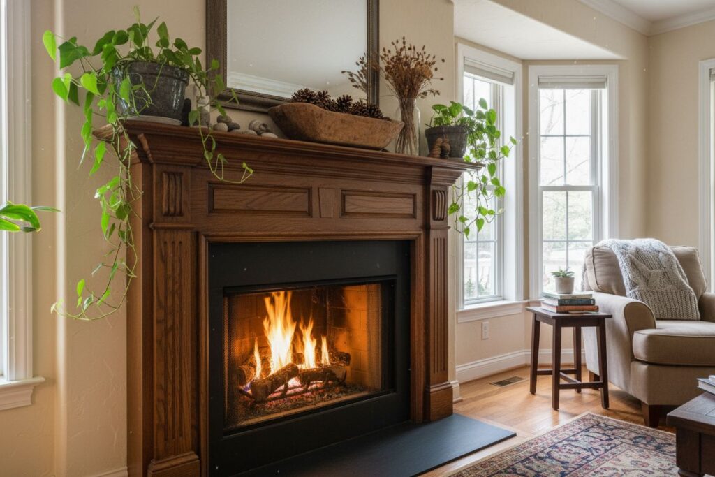Gas fireplace with decor in Northwest Milwaukee residence