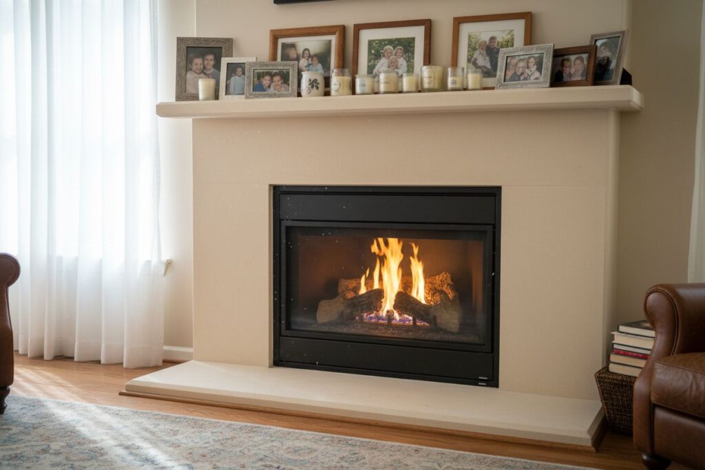 Gas fireplace with decor in Oak Park residence