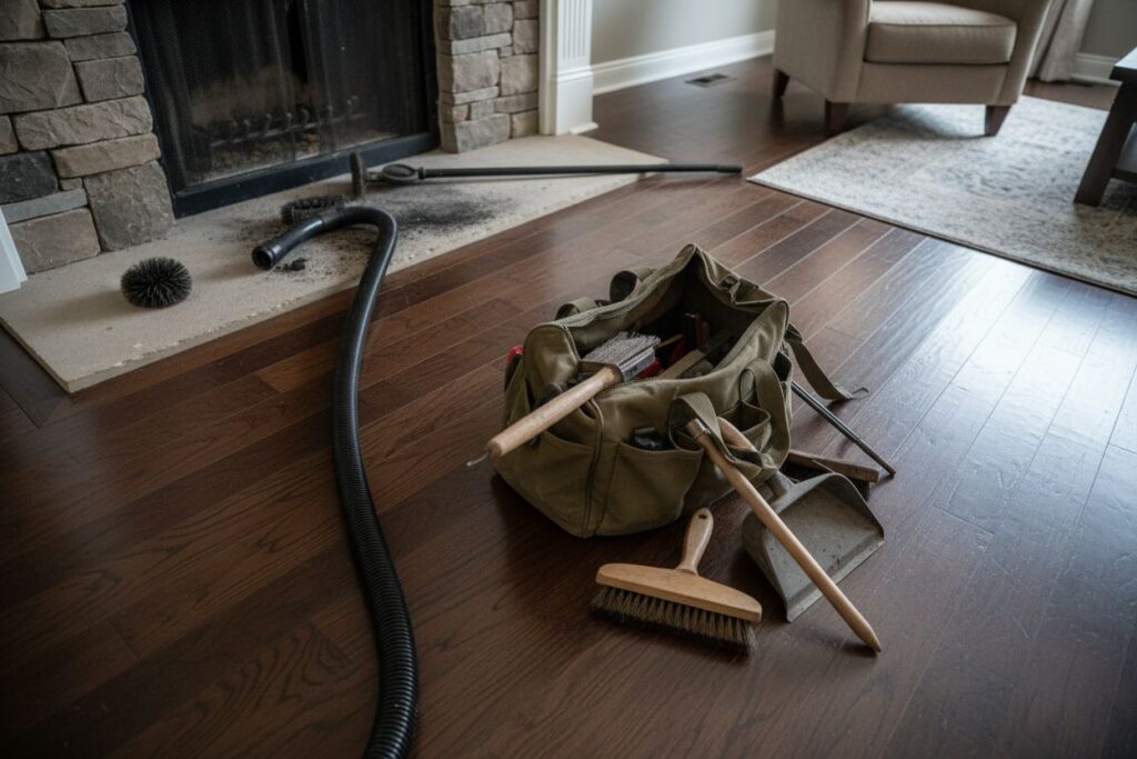 Expert fireplace technician servicing gas fireplace in Oak Park