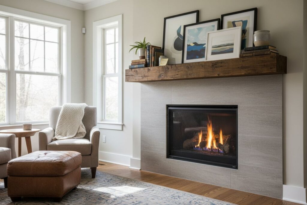 Gas fireplace with decor in Oklahoma City residence