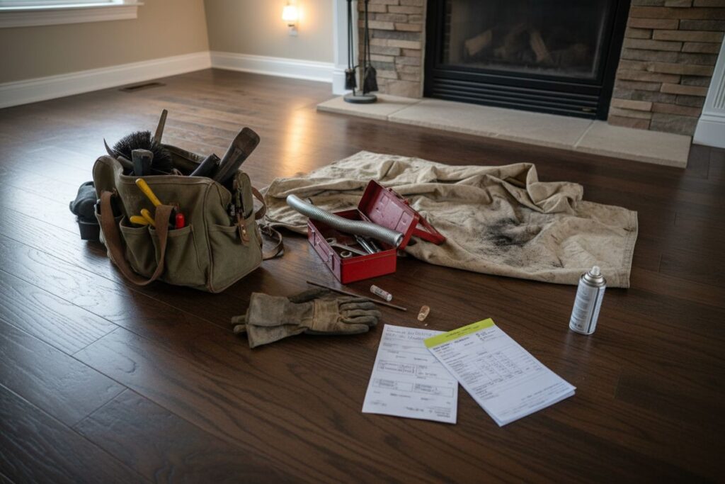 Expert fireplace technician servicing gas fireplace in Oregon City