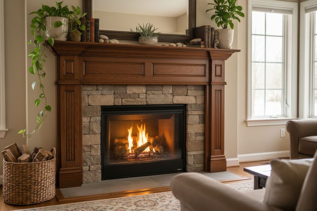 Gas fireplace with decor in Peabody residence