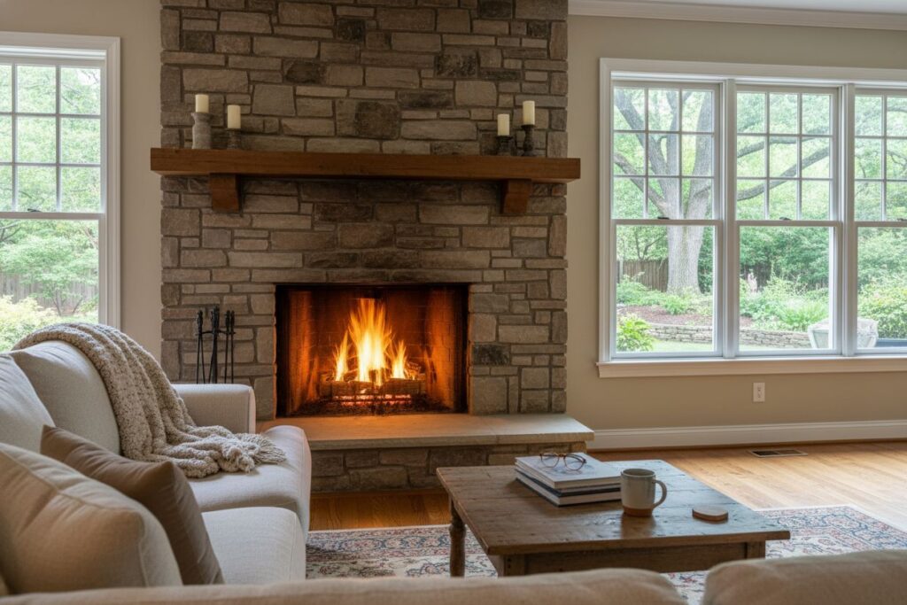 Comfortable fireplace view in Portland living room