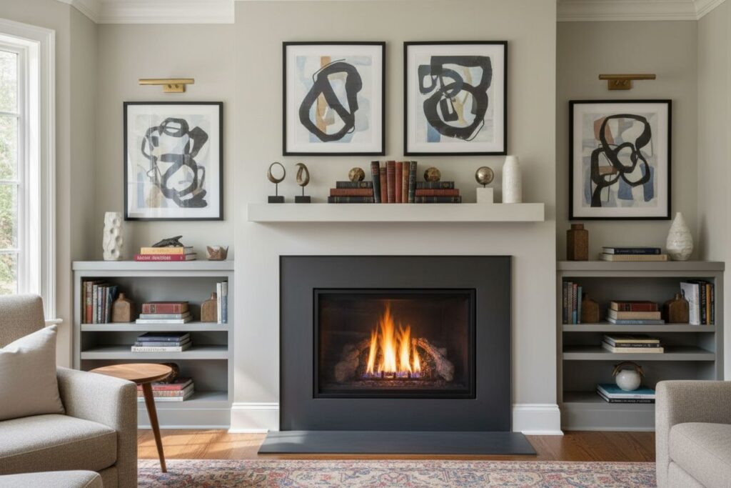 Gas fireplace with decor in Providence residence