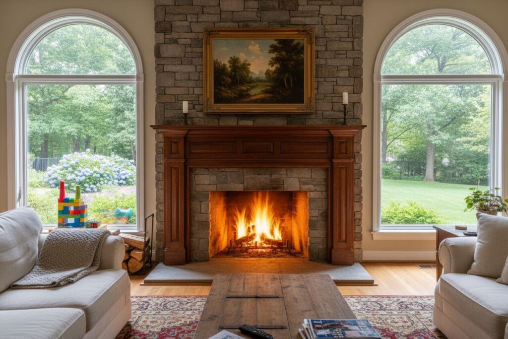 Comfortable fireplace view in Providence living room