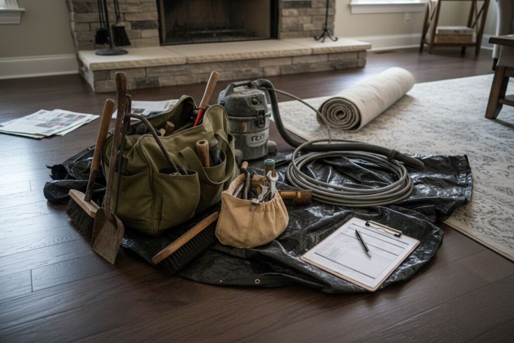 Expert fireplace technician servicing gas fireplace in Providence