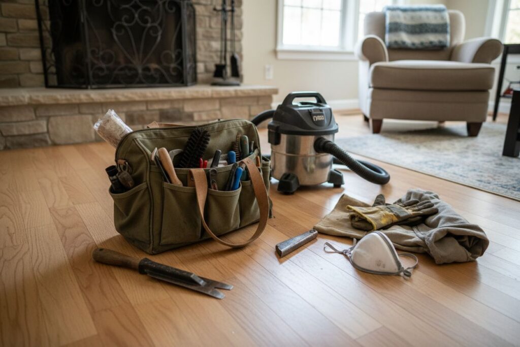 Expert fireplace technician servicing gas fireplace in Quincy