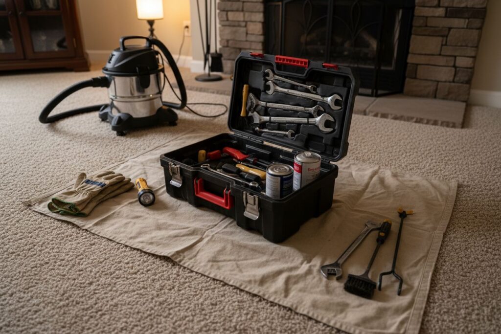 Expert fireplace technician servicing gas fireplace in Redding